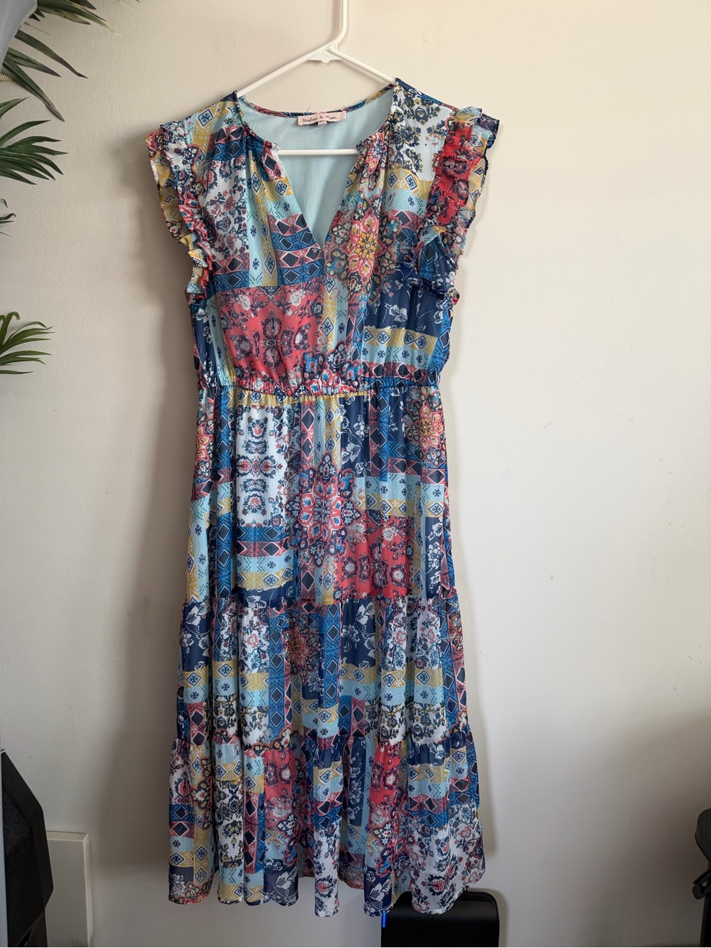 Sleeveless Patchwork Maxi Dress in Blue & Coral